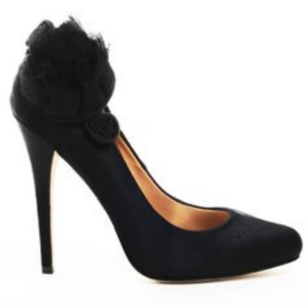 Badgley Mischka Women BLACK chiffon flower accent pumps 8.5 Chic